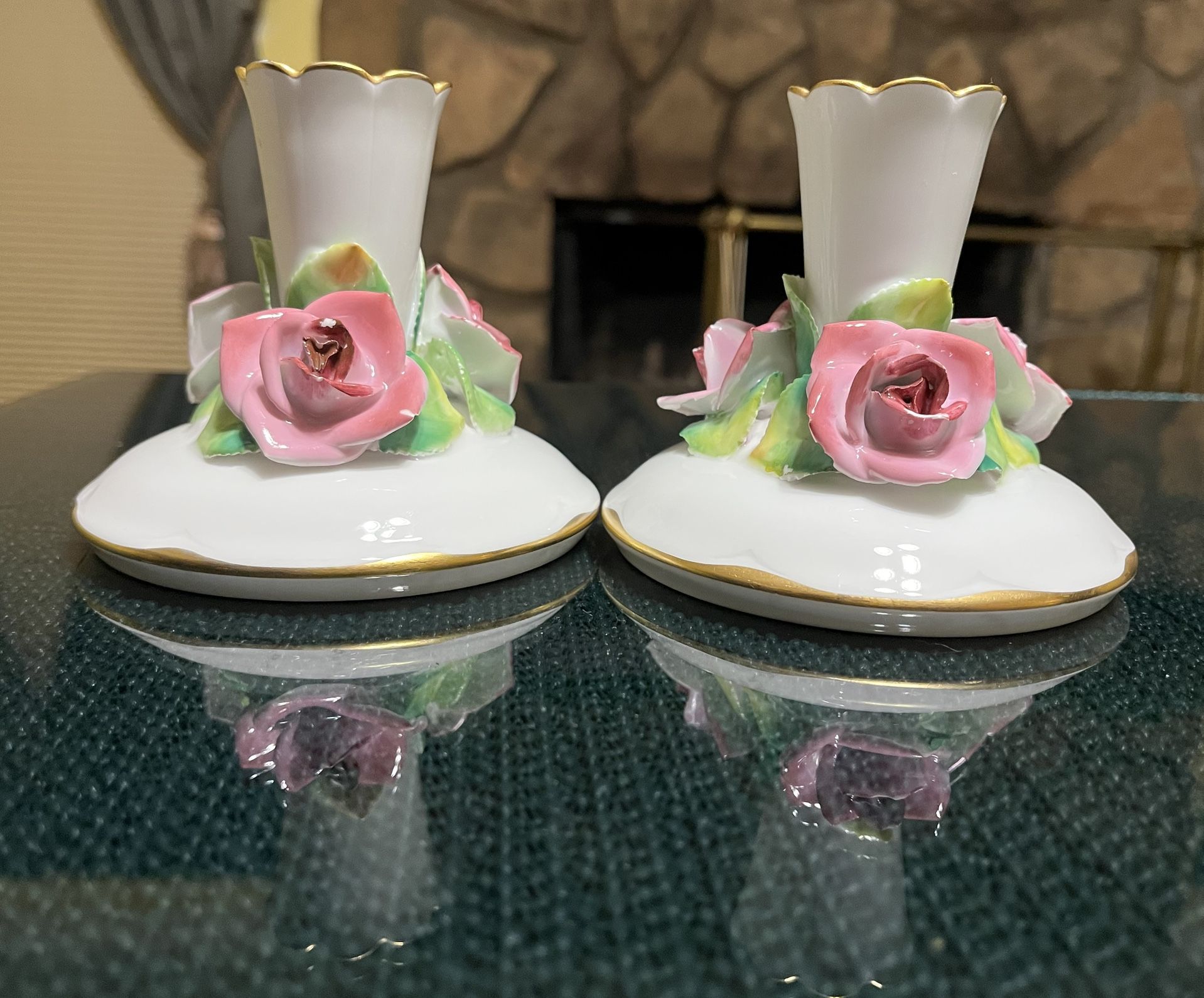 Vintage Pair of Okura Candlesticks Pink Roses on Glossy White Base