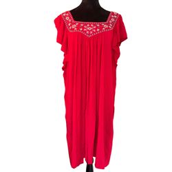 Max Studios Womens Floral Embroidered Red Shift Dress Pockets Boho Plus Size 3X    Beautiful red with and embroidered neckline. Size 3X Flowy lightwei