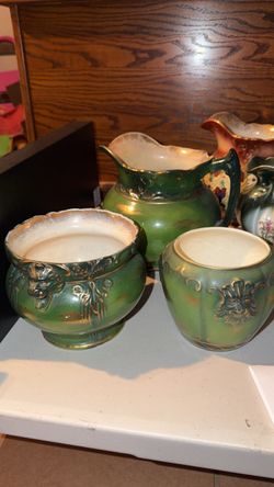 Green and Gold Ceramic Pitcher and Bowl Set