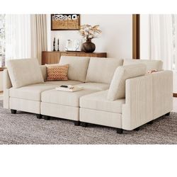 Belffin Modular Sectional Sleeper with Storage Ottoman Corduroy Sectional Couch with Chaise Convertible Modern Sectional Sofa Beige