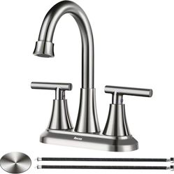 4 Inch Bathroom Faucets for Sink 3 Hole, Faucet for Bathroom Sink with Pop-up Drain & Supply Hoses, 2-Handle 360 Swivel Spout Stainless Steel Lead-Fre