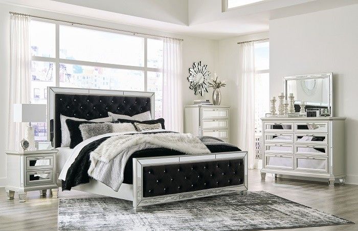 Black/Silver-7Pc.Dresser=Mirror-Queen Upholstered Bed-2 Nightstands