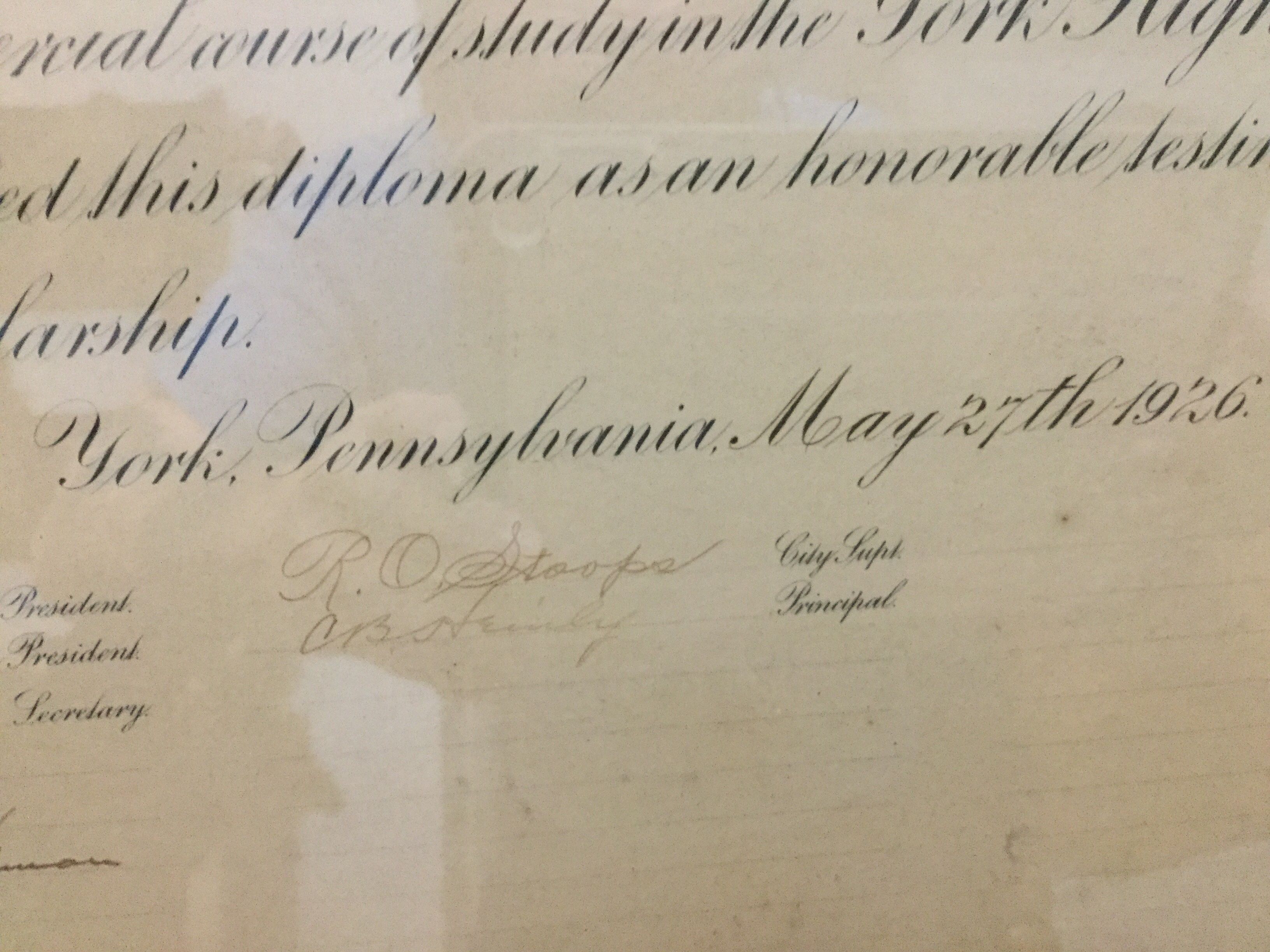 1926 York High School Diploma