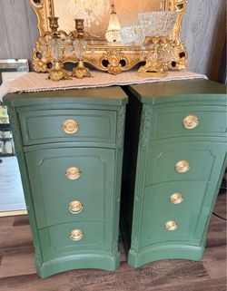 Antique “Evergreen” Green Matching Nightstands