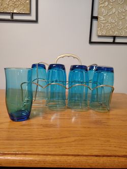 Vintage Mid Century Rare 8 Piece Glasswear In Gold Caddy
