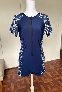 Women’s blue and white one piece zip up swimsuit size 0XL