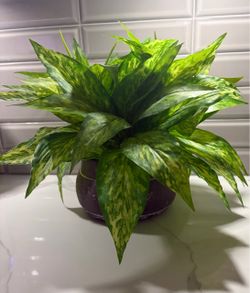 New Large green leaf fake plant in brown plant pot planter
