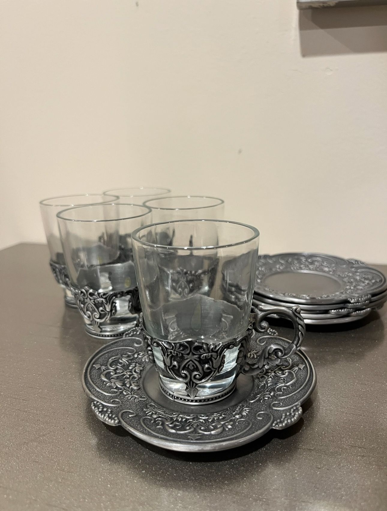 10 Piece Vintage Set Tea /Coffee glass Cup and elegant pewter metal