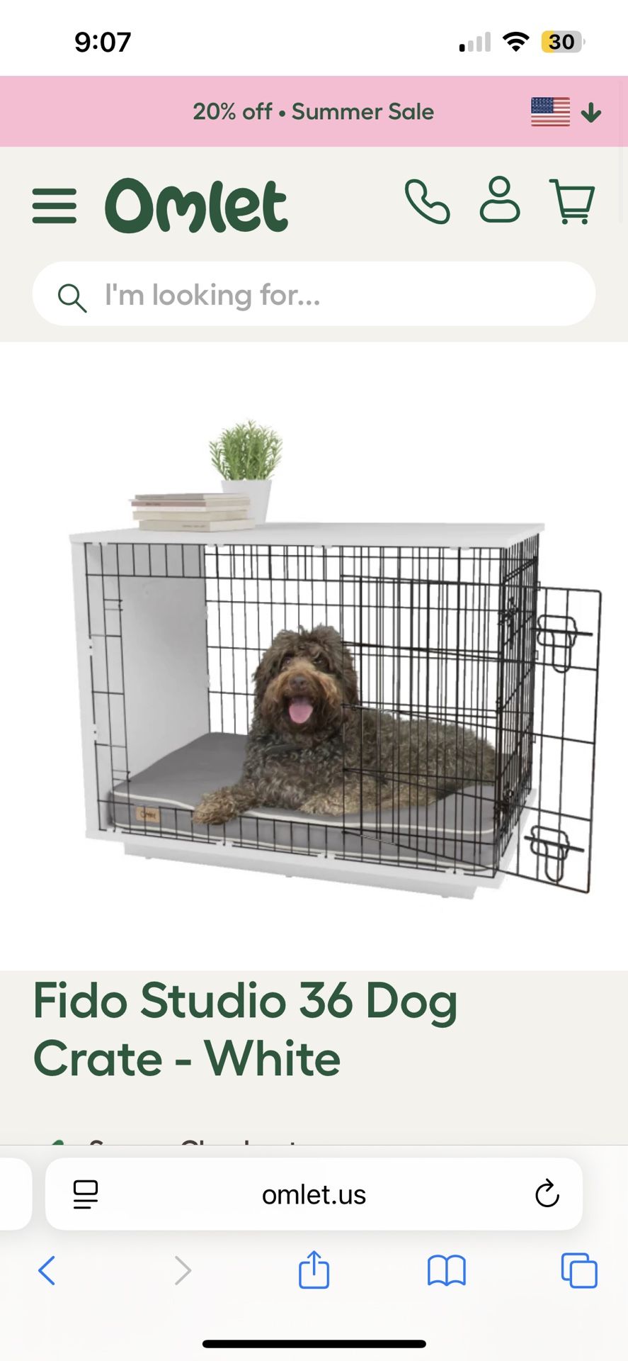 White dog crate 36 inches (includes tray and bed)