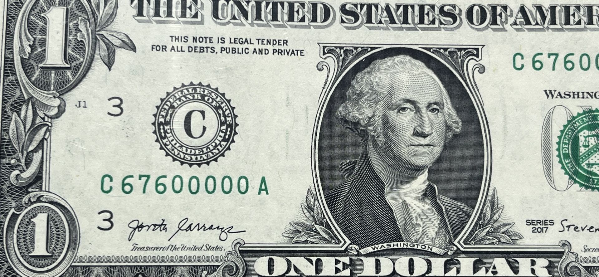 VERY FANCY SERIAL NUMBER  UNC  WASHINGTON ONE DOLLAR BILL ! NO TEARS-NO FOLDS! LOOK!!