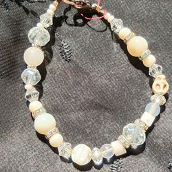 White Glass Bead And Crystal Bracelet 8in.