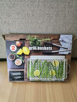x2 Stainless Steel BBQ Grill Baskets Trays Pan Set of 2