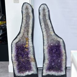 2 Massive Amethyst Cathedral Crystal Quartz Twins Ombre Orange Calcite From Brazil
