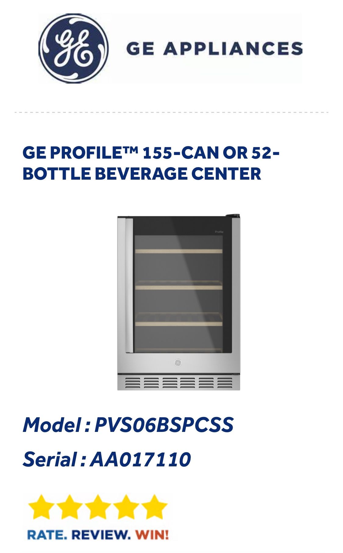 GE PROFILE™ 155-CAN OR 52-BOTTLE BEVERAGE CENTER  