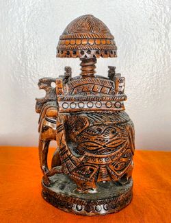 Vintage Wood Hand Carved Elephant Carriage Figurine 6” India