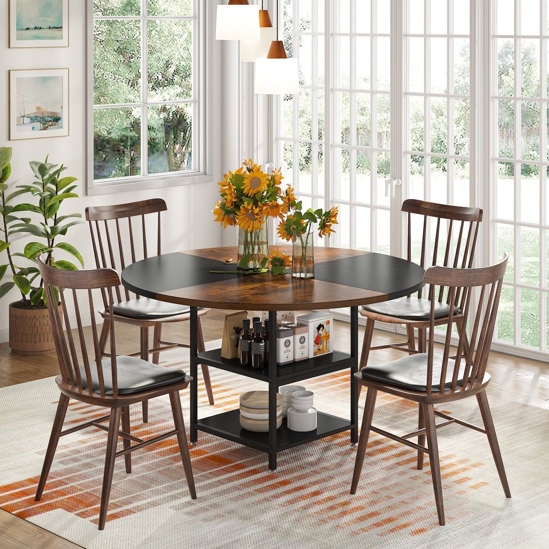 Round Dining Table, 47" Kitchen Dinner Table with Storage Shelf