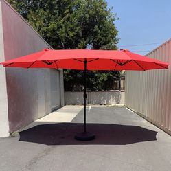 Brand New $130 Large Double Sided Outdoor (15ft Umbrella and 65lbs Plastic Base set) Colors Red/Gray
