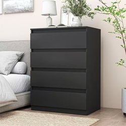 2700 #E Black Nightstand with 4 Drawers,32'' Modern Tall Bedside Table with Storage for Bedroom,End Side Table with No-Handle Design for Living Room $