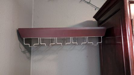 Dark Wood Floating Wall Mount Stemware Rack w/ Shelf