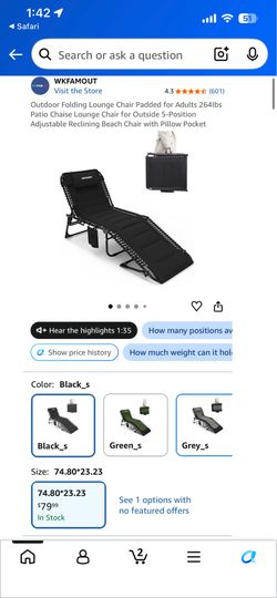 Outdoor Folding Lounge Chair Padded for Adults 264Ibs Patio Chaise Lounge Chair for Outside 5-Position Adjustable Reclining Beach Chair with Pillow Po