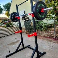 7ft Olympic Barbell +Squat Rack with Pull Up Bar +100lb Bumpers+Barbell Clamps NEW 