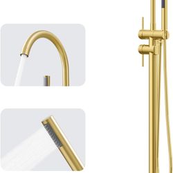 GIMILI Gold Floor Mount Bathtub Faucet Freestanding Tub Filler Standing High Flow Shower Faucets Shower Mixer Taps, Swivel Gooseneck Spout with Cylind