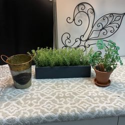 3 Piece Set, Vintage Metal Flower Bucket, Parsley In Ceramic & Faux Plant In Long Blue Planter Box