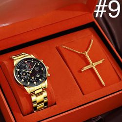 2-PCS Set Gold Luxury Quartz Watch Set With Golden Cross For Men