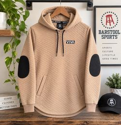 Barstool Sports VIVA Men’s Medium Tan Quilted Hoodie Pullover Black Elbow Patches