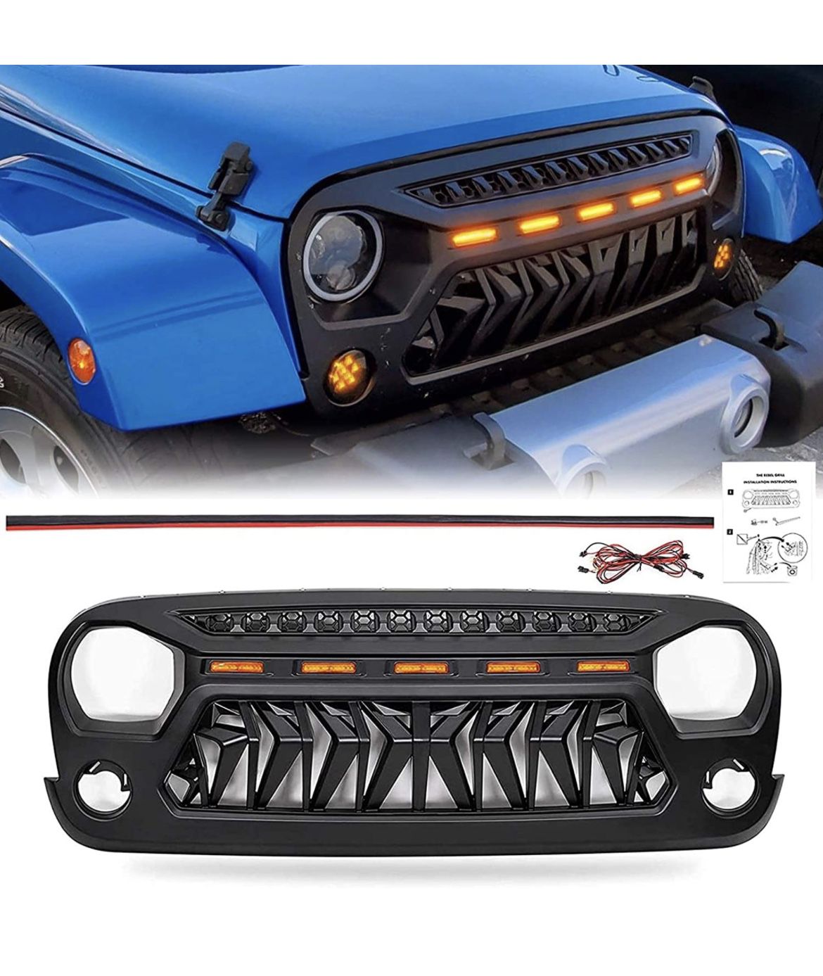 Haitzu Shark Grill Fit for Jeep Wrangler 2007-2018 JK Accessories, Matte Black Grille with 5 Amber Lights Including JKU Unlimited Rubicon Sahara Sport