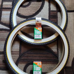 NEW Bicycle Bmx Cruiser Tires 24" White Wall Yellow Trim Diamond Pattern