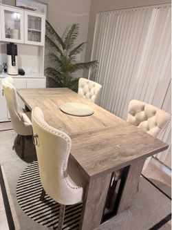 Modern Rustic Dining Table & 4 Tufted Upholstered Chairs | Move Out Sale