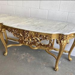 Hollywood Regency gold metallic consul, French baroque painted base and Italian marble top