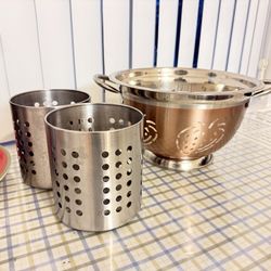 Copper-Toned Colander and Stainless Steel Utensil Holders