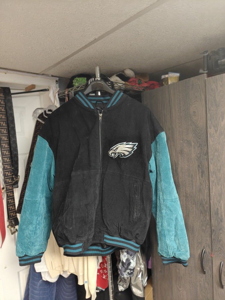 125$ Philadelphia Eagles Suede Leather Jacket L β Vintage Game Day NFL