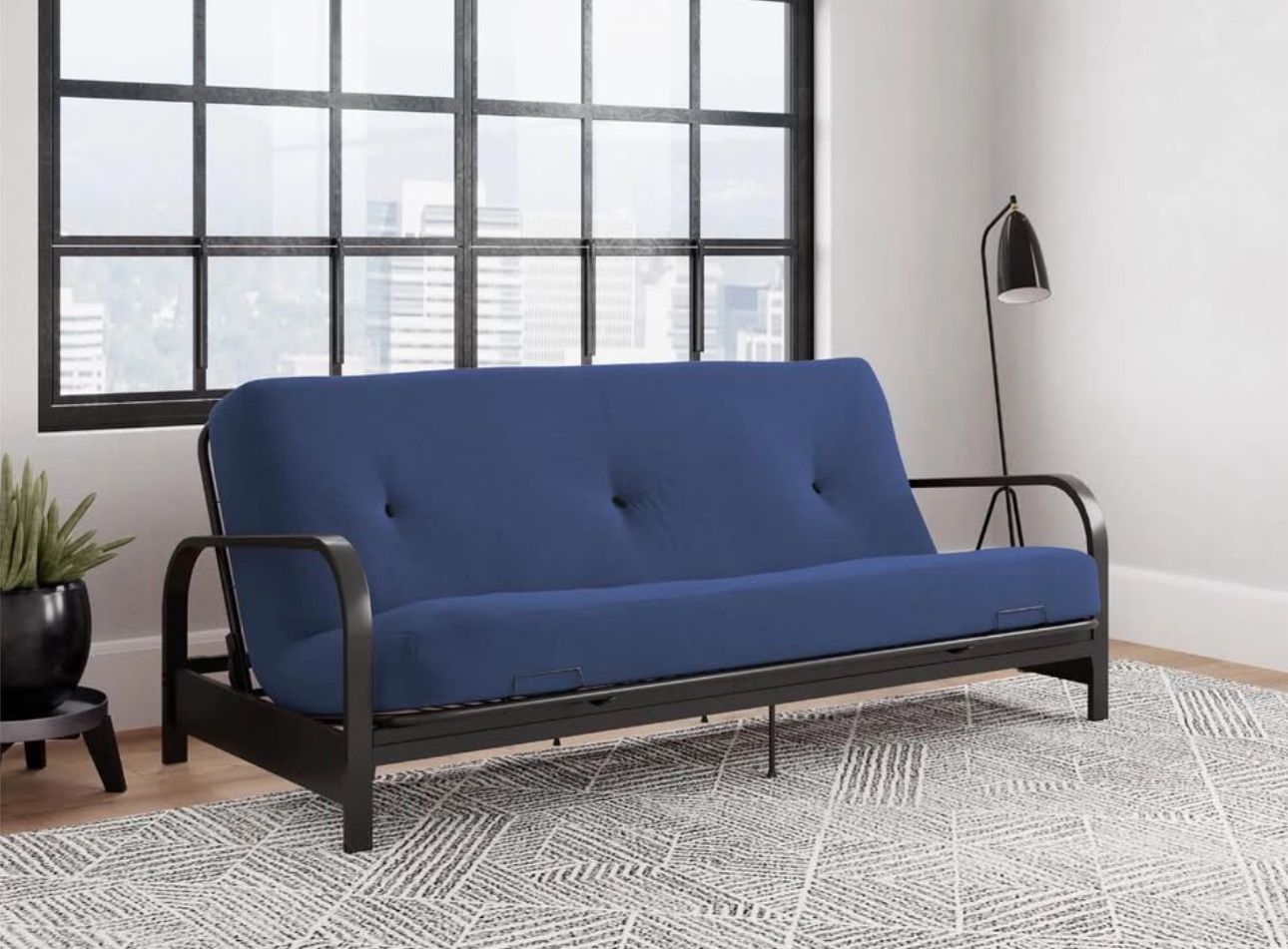 DHP Cleo Black Metal Arm Full Size Futon Frame with 6" Blue Mattress