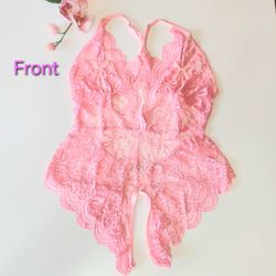Pink lace mesh ladies womens floral flower bodysuit crotchless pajama lounge wear lingerie Gift