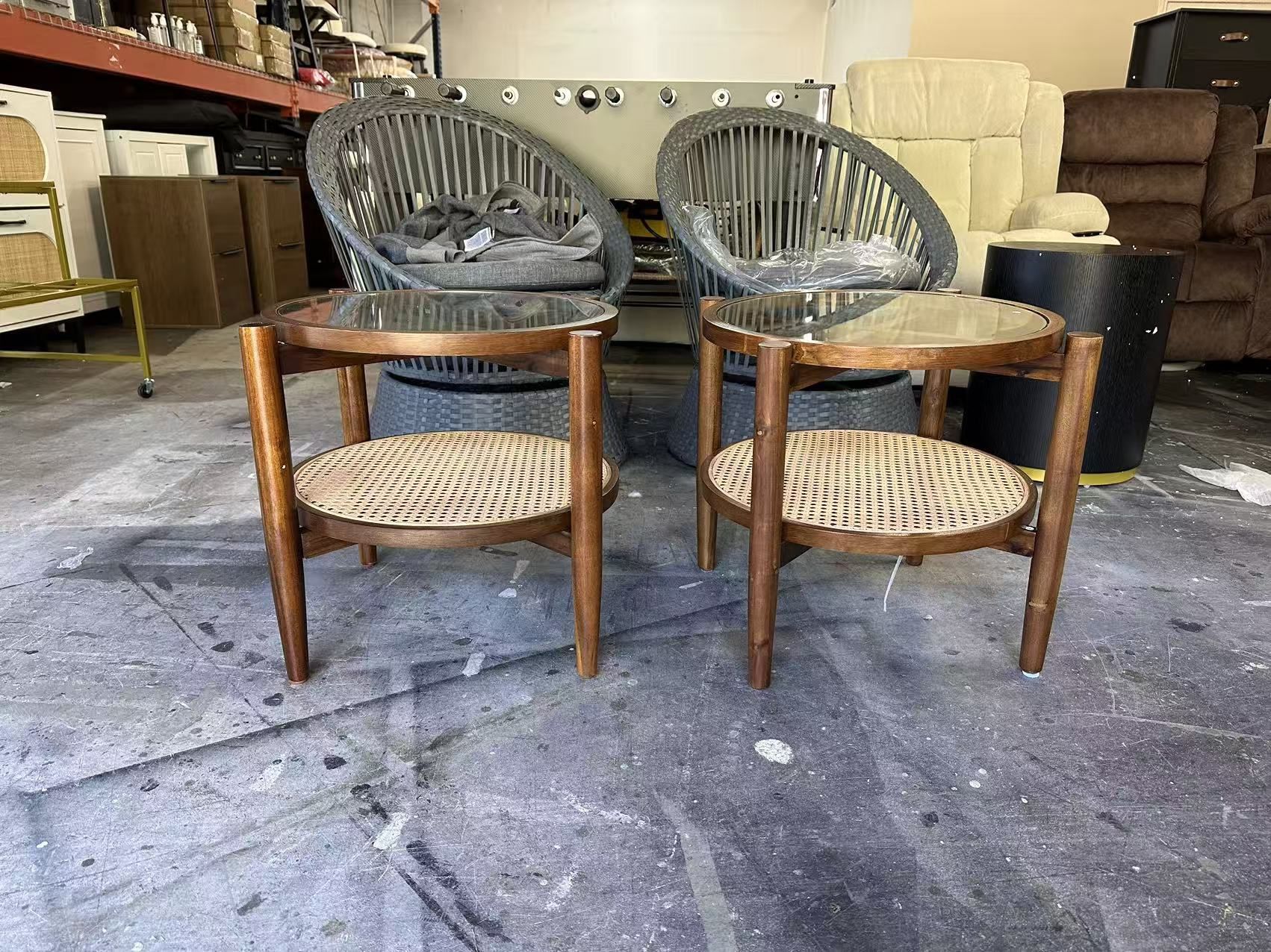 Rattan Round End Table Set of 2, Walnut Boho Nightstand with Tempered Glass Top and Acacia Wood Legs, 2-Tier Side Table with Storage, Bedside Tables f