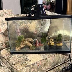 15 Gallon Tank With All Decoration  Light Heat Pad  Hide Outs  And Metal Cover 