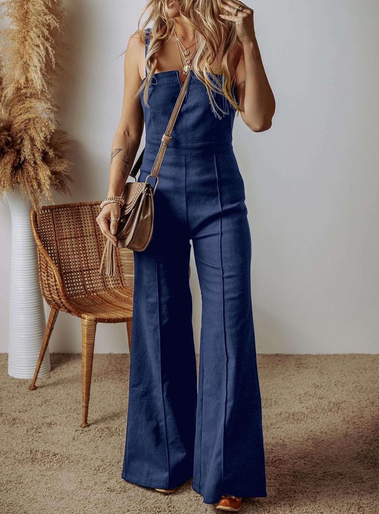 Tight-Fit Denim Overall Jumpsuit With Spaghetti Straps