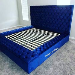 Brand New/ Blue Velvet Queen Storage Platform Bed Frame Cama 