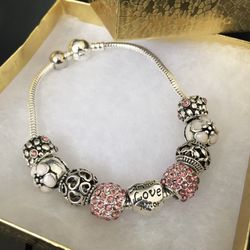 7.5 Inch Sterling Silver Plated Charm Bracelet with Swarovski Crystal Antique Silver Beads/ Hot New 2023 Fashion Designer Jewelry 