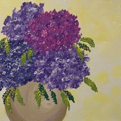 Vase of Violet Hydrangeas, Floral Art, Original Acrylic Painting, 12 x 12, Signed