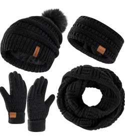 Womens Winter Hat Gloves Scarf Headband Set, Fleece Beanie with Pom Neck Scarf Knit Gloves Ear Warmers, 4-Piece Warm Gift Set
Color Black