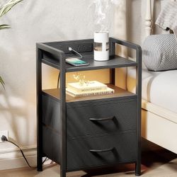 Black Small Nightstand with Charging Station USB & LED Light Strip, 2 Fabric Drawers