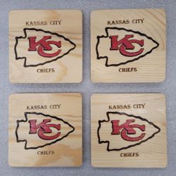 4" x 4" x 1/4" Square Wood Coasters, Laser Burned, Hand Painted Sports Team (set of 4)