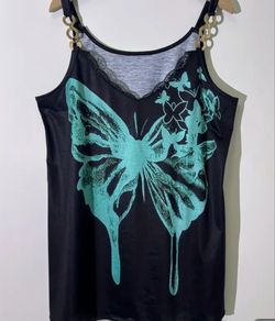 Butterfly Print Chain Strap Top, Sexy Contrast Lace Spaghetti Strap Top For Summer, Women's Clothing