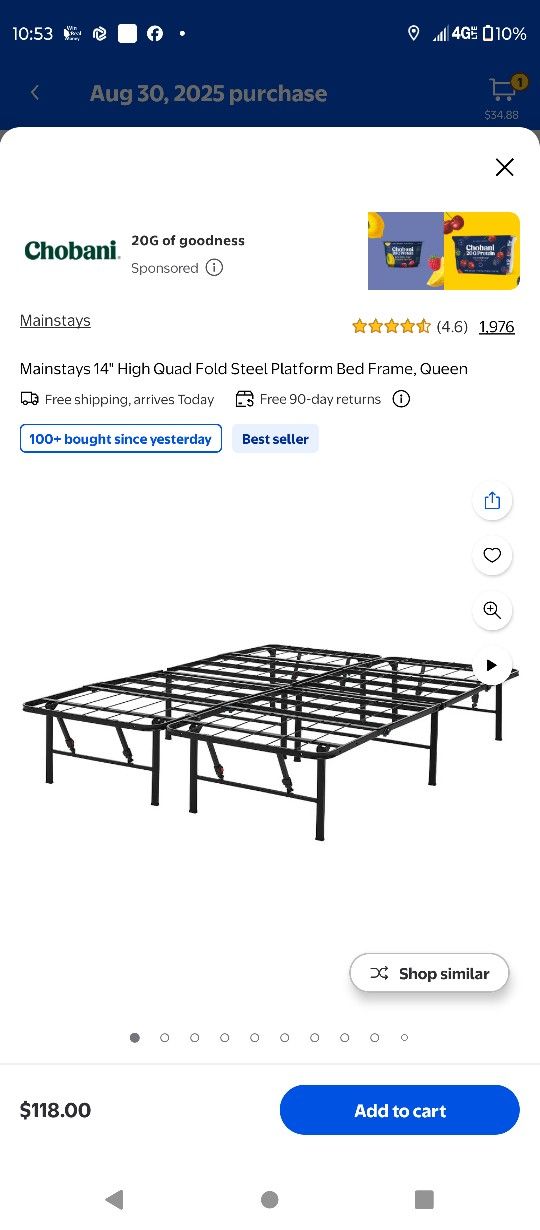 Mainstays 14" High Quad Fold. Steel Platform Bedframe