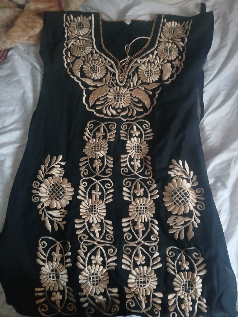 Mexican Gold Embroidered Boho Tunic Dress