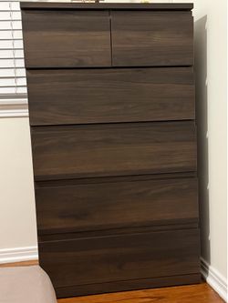 STORKLINTA 6-drawer dresser, dark-brown/oak effect anchor/unlock function